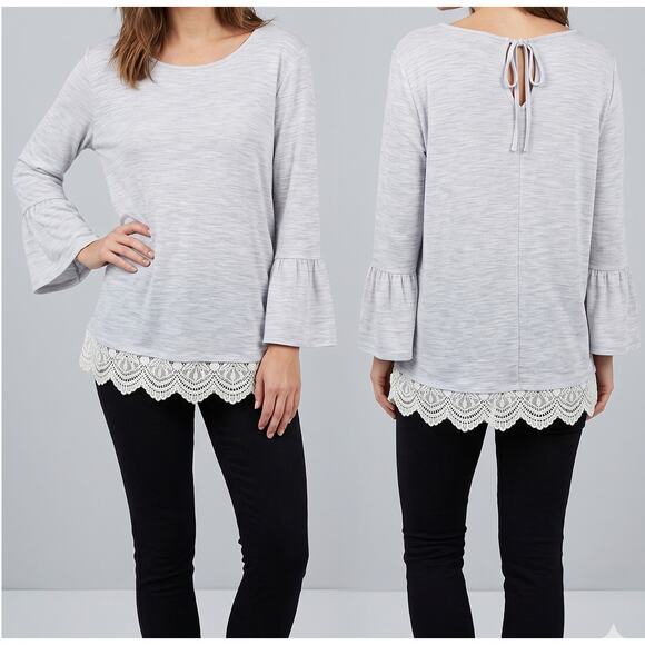LC Lauren Conrad Tops - LC Lauren Conrad Woens XL Gray Tunic Top Polyester Rayon Lace Hem Bell Sleeve